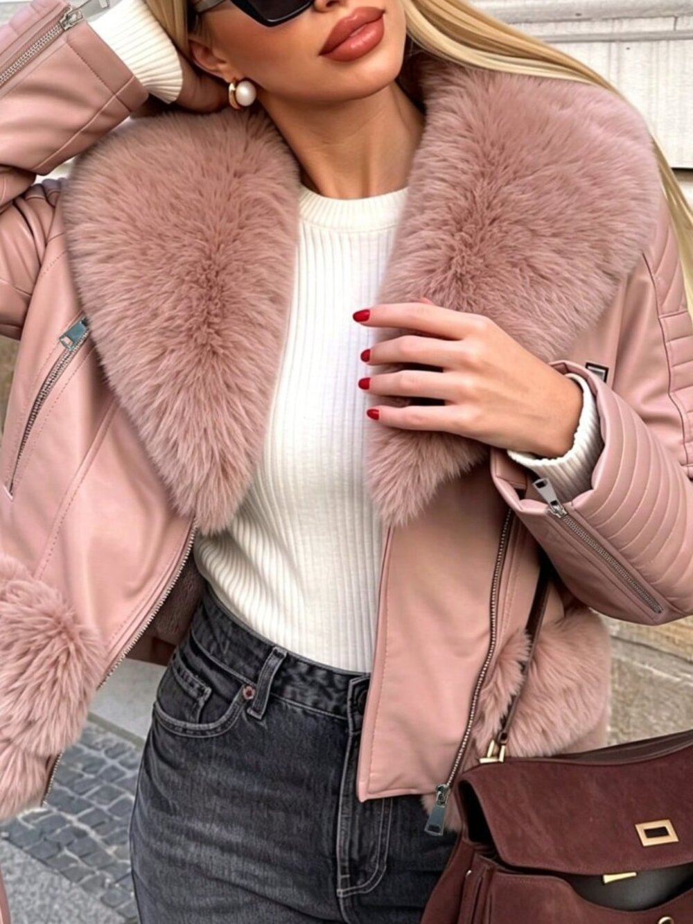 Pink Casual Women's Lined Zippered Lapel Pocket Regular Fit Jacket